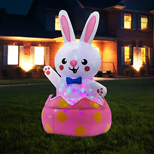 4ft Inflatable Easter Bunny w/ Bow Tie Waving Inside Eggshell w/ Built-in Colorful LEDs