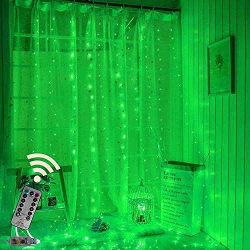 Green USB Powered Fairy Lights Curtain String, 8 Modes Twinkle (300 LEDS 9.8x9.8Ft)