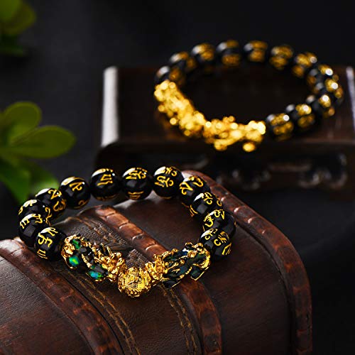 2 Pieces 12 mm Feng Shui Bead Bracelet with Hand Carved Black Amulet