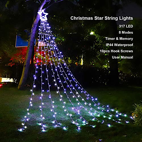 Christmas Star String Lights 317 LED  Waterproof String Lights with Star Topper, 8 Lighting Modes Waterfall Lights for Tree Decor