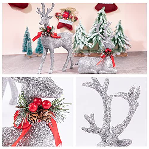 2 Pcs Standing and Lying Silver Christmas Reindeer Decor