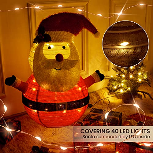 2.5ft Lighted Christmas Santa Claus, Pre-lit w/ 40 LED String Lights, Collapsible Tinsel Light Decoration