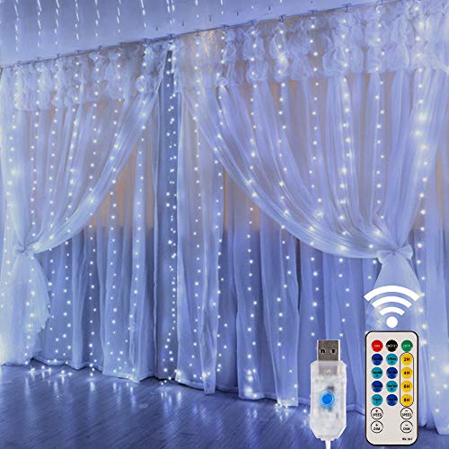 300 LED 8 Lighting Modes Fairy Copper Window Curtain String Lights with Remote