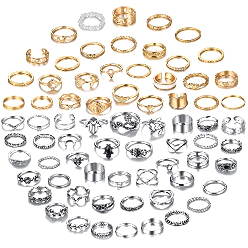 75 Pcs Vintage Silver Knuckle Boho Stackable Midi Crystal Rings Set