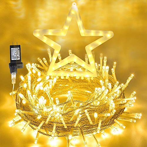 Christmas Star String Lights 317 LED  Waterproof String Lights with Star Topper, 8 Lighting Modes Waterfall Lights for Tree Decor