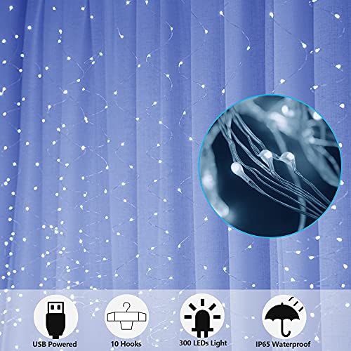 300 LED 8 Lighting Modes Fairy Copper Window Curtain String Lights with Remote