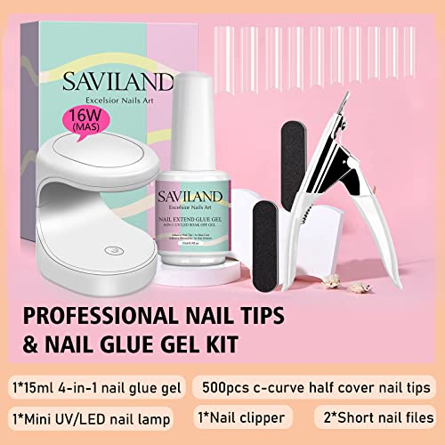Nail Tips & Glue Gel Kit - 4-In-1 Nail Glue Gel, 500pcs  Cover Nail Tips w/ Mini UV/LED Nail Lamp