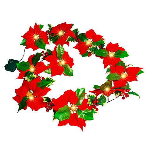 Christmas Poinsettia Garland, 7 FT 10 LED Velvet Artificial Flower