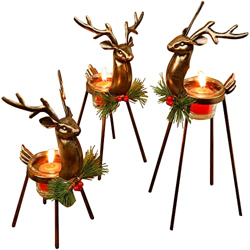 Set of 3 Reindeer Tealight Candle Holders, Standing Iron Metal Christmas Decorations