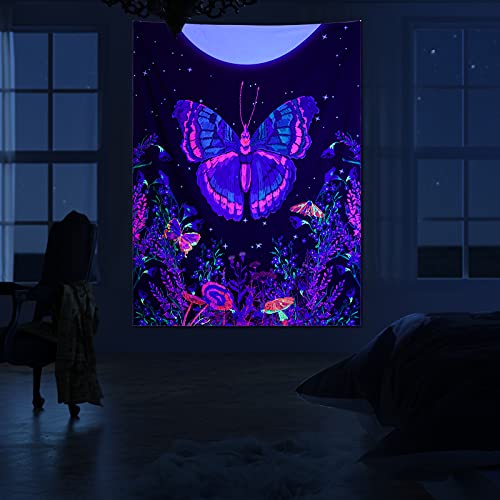 Butterfly Floral Tapestry, Moonlit Garden Wall Blacklight Home Decoration