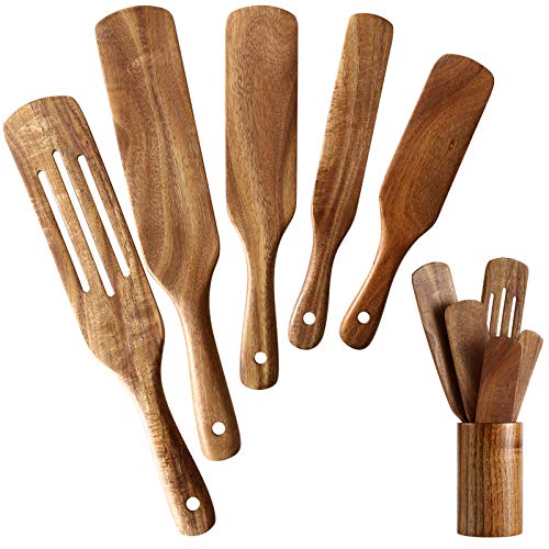 6 Pcs Natural Teak Kitchen Utensil Set Heat Resistant Non Stick Wood Cookware w/ Hanging Hole