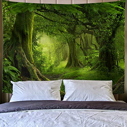 Virgin Forest Green Tree in Misty Forest Tapestry Wall Decoration