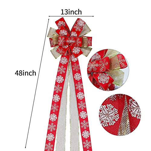 Christmas Tree Topper Bow Ornament with Glitter Satin Mesh Streamer 48x13Inches