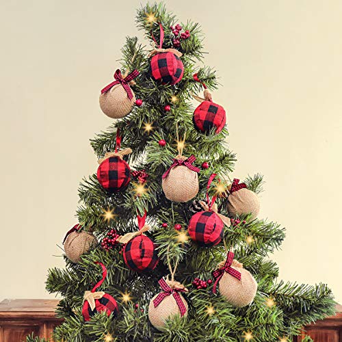 12 Pcs Red Black Buffalo Check Plaid Stitching Burlap Christmas Tree Ornaments