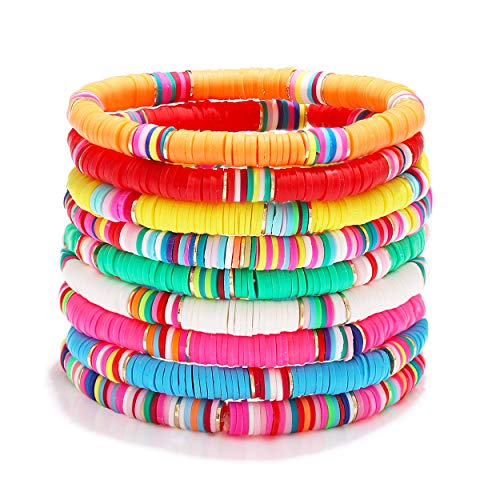 Stackable Rainbow Heishi Beaded Elastic Layering Friendship Bracelets Boho Summer Beach Jewelry