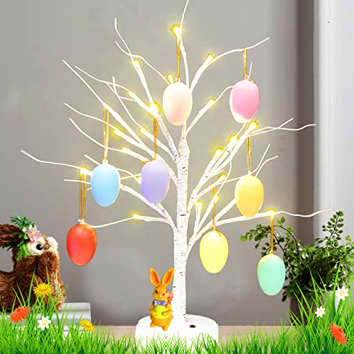Easter Lighted Tree Decoration, 24 LED White Birch Tree w/ 10 Hanging Eggs Ornaments