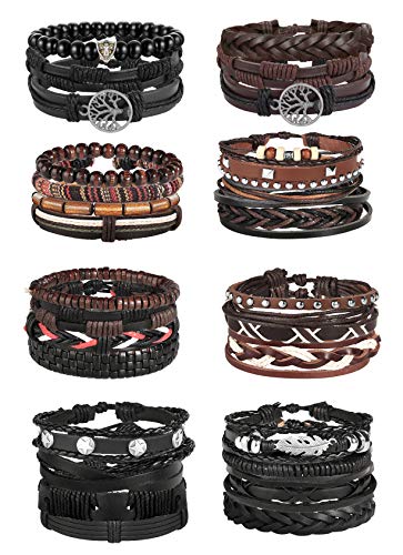 28Pcs Braided Leather Bracelet for Men Women Wooden Beaded Cuff Wrap