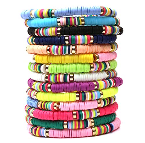 14 PCS Heishi Rainbow Vinyl Disc Beads String Stack Bracelet Surfer Stretch Cord Bracelets