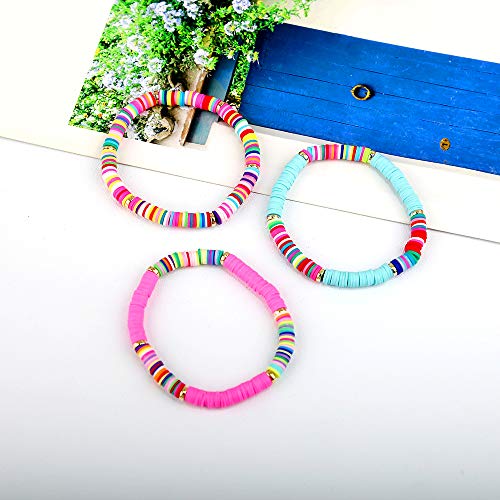 14 PCS Heishi Rainbow Vinyl Disc Beads String Stack Bracelet Surfer Stretch Cord Bracelets