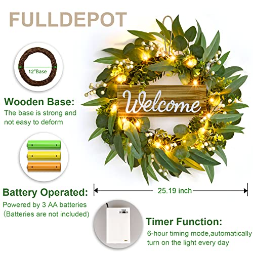 25.19 inches Artificial Eucalyptus Wreath, Front Porch Decor with Light and Welcome Sign