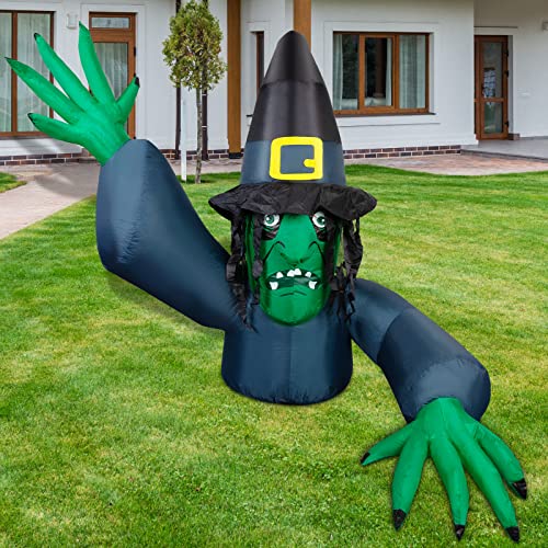 5.2 FT Halloween Inflatables Decorations Green Face Witch w/ Wizard Hat