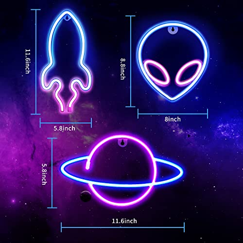 3Pcs Neon Signs, Alien Planet Rocket Led Neon Light Wall Decoration -USB  or Battery Powered