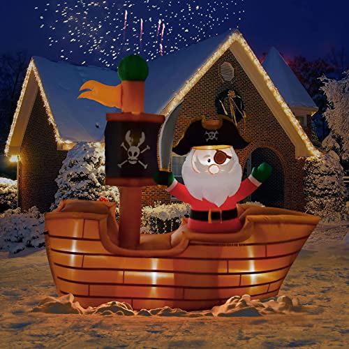 6-Ft Christmas Pirate Santa on A Wooden Flag Inflatable Ship w/ Built-in LED Lights