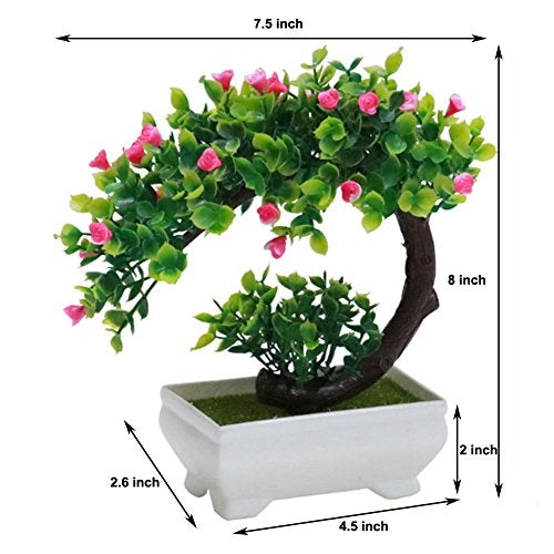 Artificial Bonsai Tree Faux Potted Plant with White Pot - Mini - 8 Inch Tall(Rose Red)