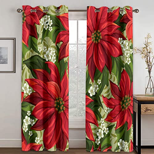 Red Poinsettia Christmas Curtain
