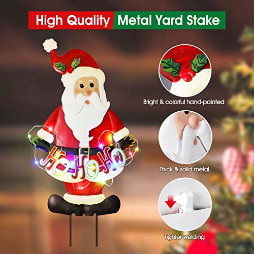 2 Pack  Christmas Snowman & Santa Claus w/ String Lights Metal Yard Stakes