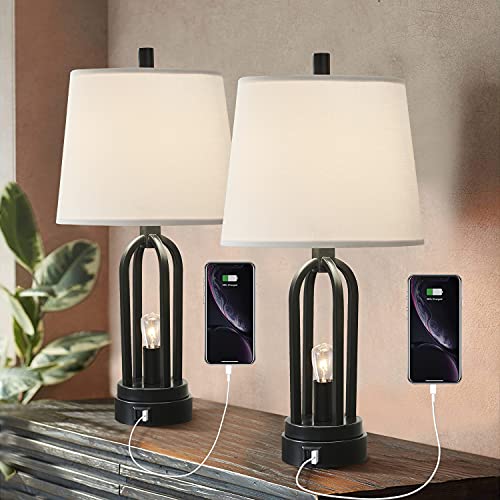 Industrial Table Lamp Set of 2 w/ Dual USB Ports