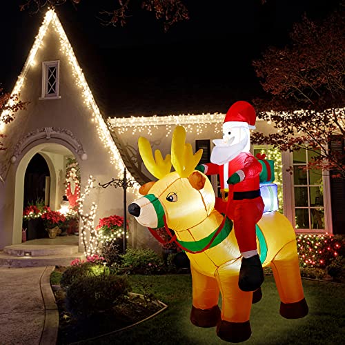 6 Ft Christmas Inflatable Santa Claus on Reindeer w/ Gift Box, LED Lights Christmas Blow up Decoration