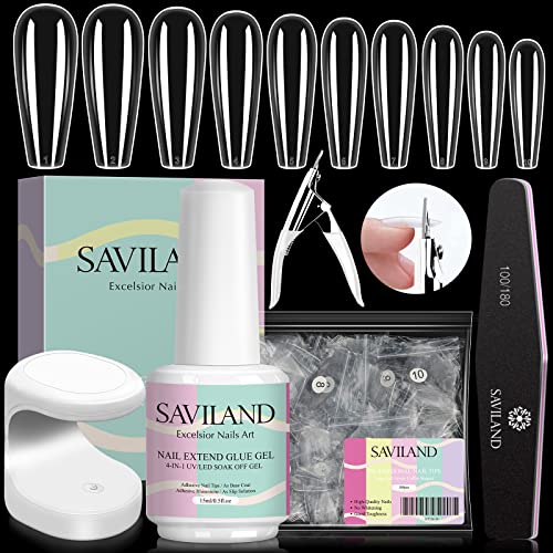 Nail Tips & Glue Gel Kit - 4-In-1 Nail Glue Gel, 500pcs  Cover Nail Tips w/ Mini UV/LED Nail Lamp