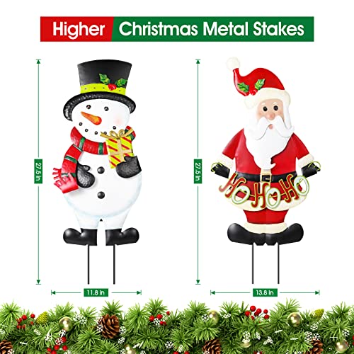 2 Pack  Christmas Snowman & Santa Claus w/ String Lights Metal Yard Stakes