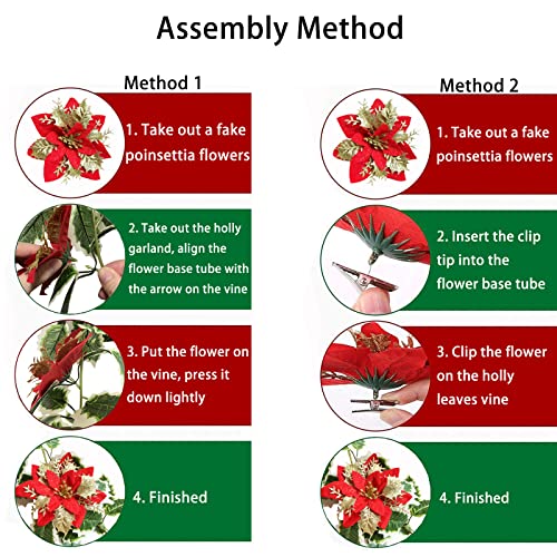 2 Pack Holly Leaves Garland Artificial Poinsettia Christmas Decoration