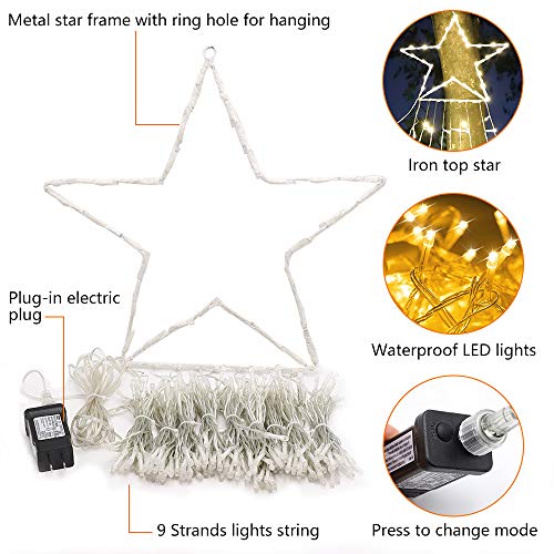 Christmas Star String Lights 317 LED  Waterproof String Lights with Star Topper, 8 Lighting Modes Waterfall Lights for Tree Decor