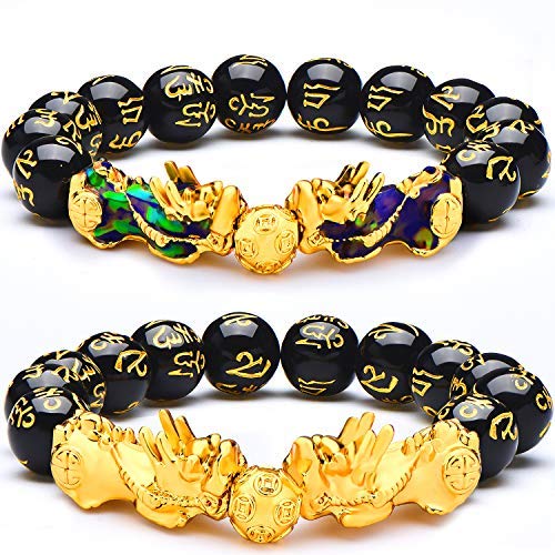 2 Pieces 12 mm Feng Shui Bead Bracelet with Hand Carved Black Amulet