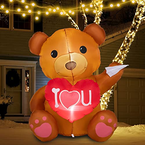 4 FT Valentines Day Inflatable Outdoor Decorations, Teddy Bear w/ Build-in LED Lights