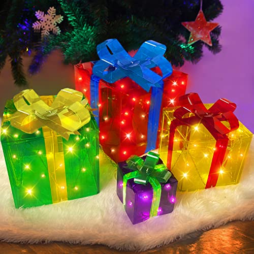 4 Pack Lighted Gift Boxes Christmas Decorations, 70 LED Lights Timer 2 Modes Battery Operated Holiday Christmas Decor