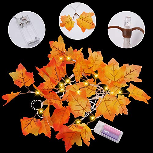 2 Pack Fall Garland, 9 Ft 20 LED Maple Leaves with Warm String Lights Fall Decor