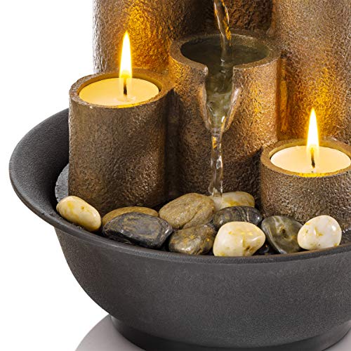 Tiered Column Tabletop Fountain w/ 3 Candles, 11 Inch Tall, Brown