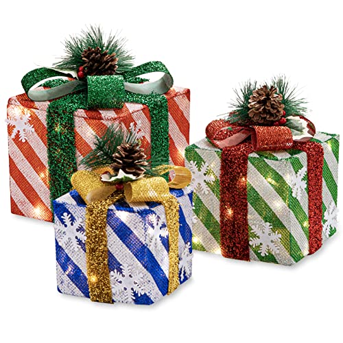 Set of 3 Christmas Lighted Gift Boxes w/ Bows