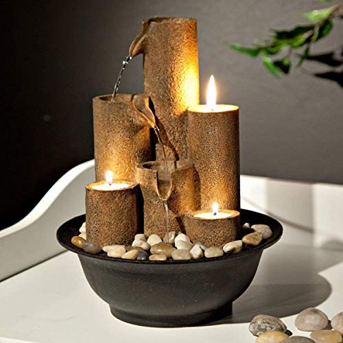 Tiered Column Tabletop Fountain w/ 3 Candles, 11 Inch Tall, Brown