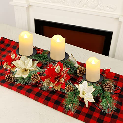 Poinsettia Candle Holder w/ 3 Battery Operated Light Up Candle Lights Christmas Decoration