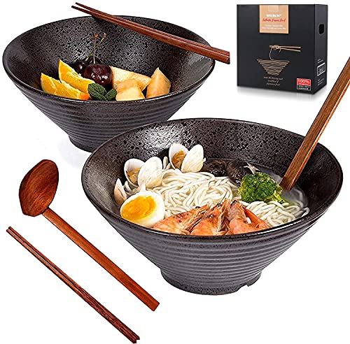 2 Sets Ceramic Japanese Ramen Bowl Set 60 Ounce, / Matching Spoons & Chopsticks