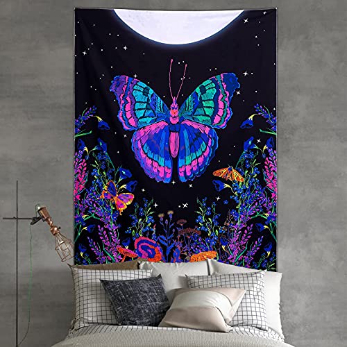 Butterfly Floral Tapestry, Moonlit Garden Wall Blacklight Home Decoration