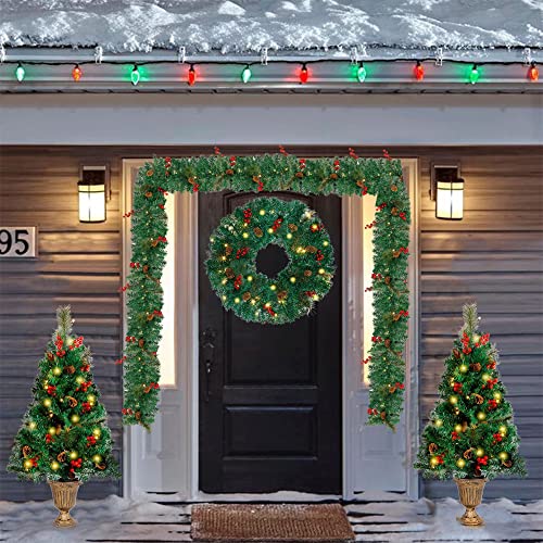 Christmas Decorations 4Piece Set, Pre-Lit Artificial Entrance Trees Set of 2, Wreath & Garlands