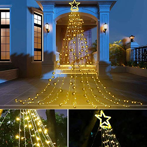 Christmas Star String Lights 317 LED  Waterproof String Lights with Star Topper, 8 Lighting Modes Waterfall Lights for Tree Decor