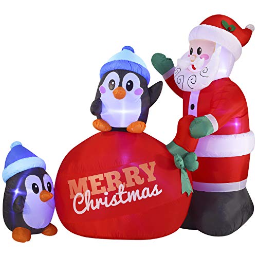 7 FT Long Santa with Penguins Inflatable with Build-in LEDs Blow Up Inflatables