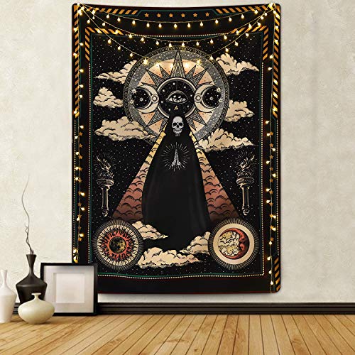 Wizard Skull Solar Iris Tapestry Sun and Moon Star w/ Cloud Tapestry Tarot Style